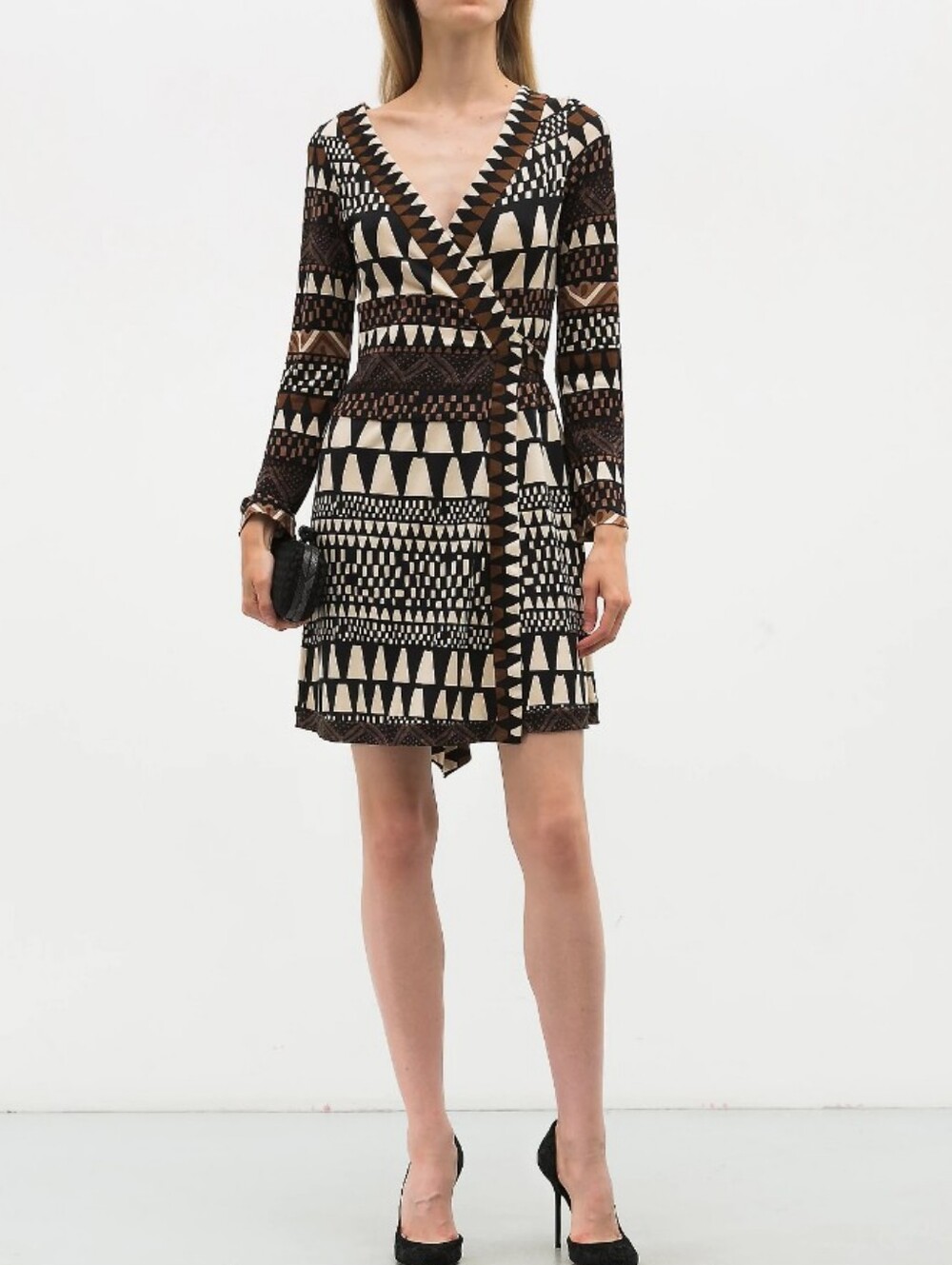 Diane Von Furstenberg Geometric Wrap Dress in Black, Brown, Cream